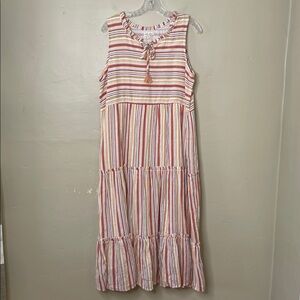LINDA ANDERSON Tiered V-Neck Multicolored ROSE Sundress Striped Coastal Medium